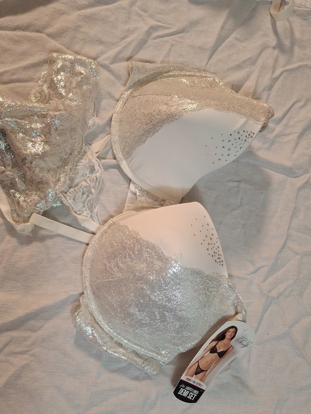 smart & sexy Shimmery Lace Demi Bra Set With Thong in Light Champagne